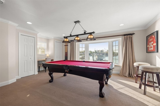 recreation room featuring crown molding, billiards, recessed lighting, and light carpet