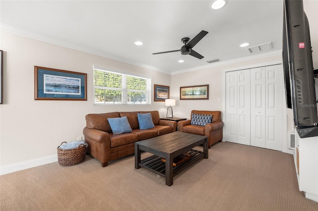 living room with recessed lighting, visible vents, light colored carpet, and ceiling fan