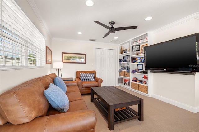 living room with crown molding, visible vents, a ceiling fan, and recessed lighting
