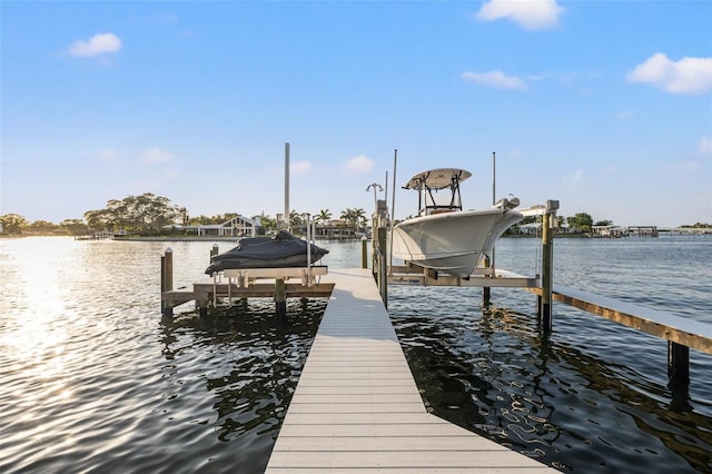 dock area featuring boat lift and a water view