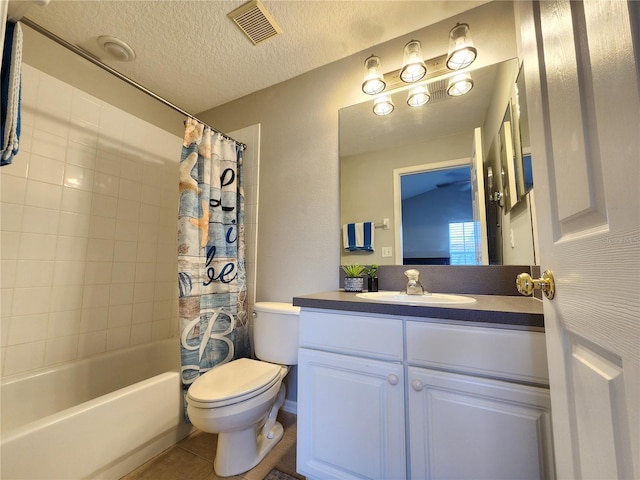 bathroom with visible vents, toilet, shower / bath combination with curtain, tile patterned floors, and vanity