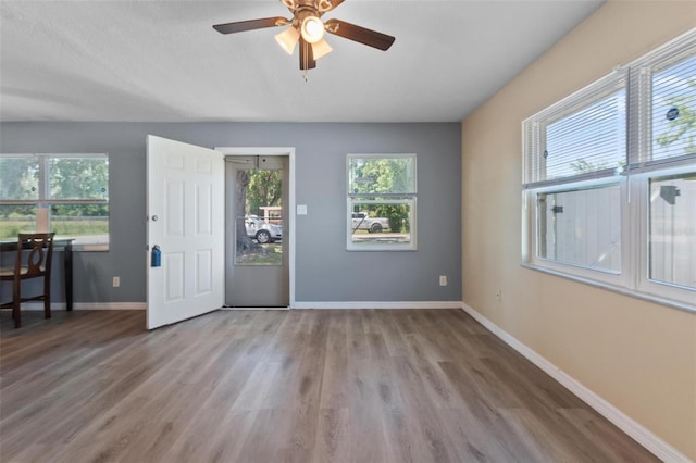 entryway with baseboards, wood finished floors, and a healthy amount of sunlight