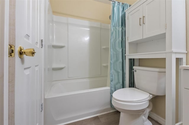 bathroom with shower / bath combination with curtain, toilet, and wood finished floors