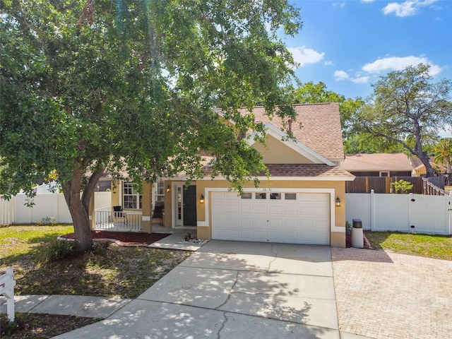 view of front of house featuring concrete driveway, roof with shingles, stucco siding, a garage, and fence