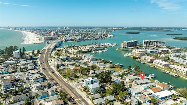 bird's eye view featuring a view of city and a water view