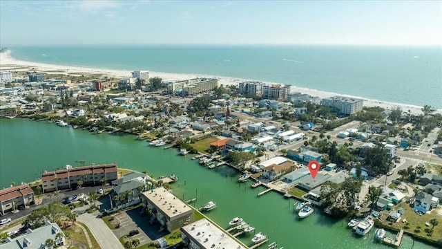 bird's eye view featuring a water view and a view of city