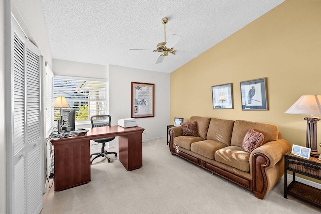 235 Woodridge Cir, Oldsmar, FL 34677 - office space featuring carpet, a textured ceiling, a ceiling fan, lofted ceiling, and baseboards