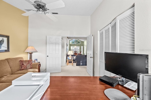 235 Woodridge Cir, Oldsmar, FL 34677 - carpeted living room with visible vents, a ceiling fan, radiator, and a textured ceiling
