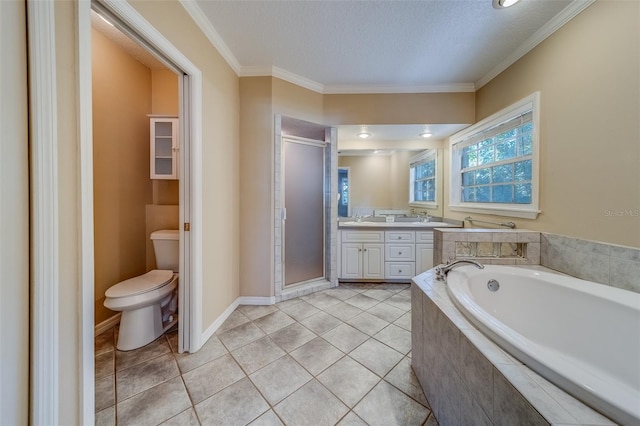 11386 Churchhill Trl, Seminole, FL 33772 - bathroom featuring crown molding, a shower stall, a bath, vanity, and toilet