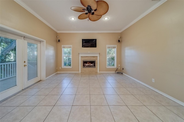 11386 Churchhill Trl, Seminole, FL 33772 - unfurnished living room with light tile patterned floors, baseboards, ornamental molding, and ceiling fan