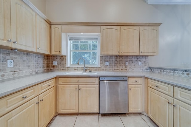 11386 Churchhill Trl, Seminole, FL 33772 - kitchen with light brown cabinets, light countertops, light tile patterned flooring, dishwasher, and a sink