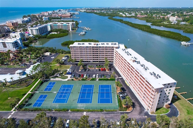 aerial view featuring a water view and a city view