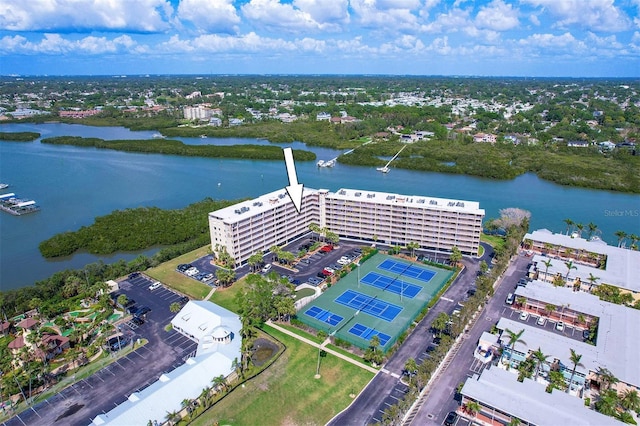 drone / aerial view with a water view
