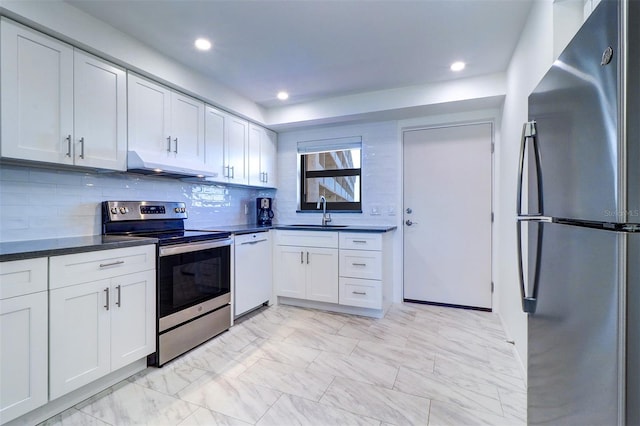 kitchen with a sink, white cabinetry, stainless steel appliances, and under cabinet range hood