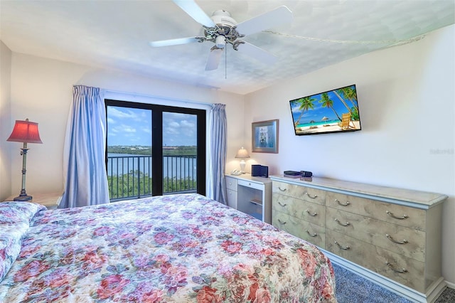bedroom with access to exterior and ceiling fan