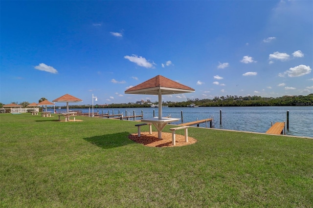 view of yard featuring a dock and a water view