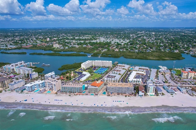 bird's eye view with a view of the beach and a water view