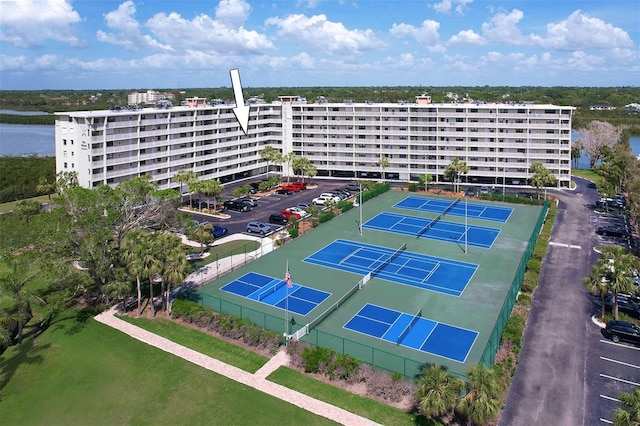 bird's eye view with a water view