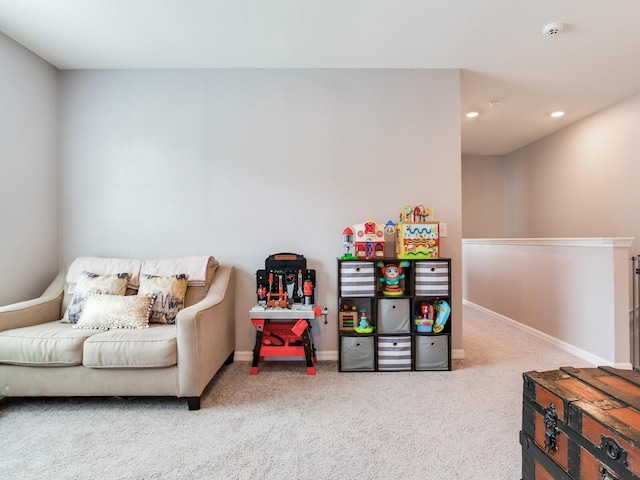rec room featuring baseboards, carpet flooring, and recessed lighting
