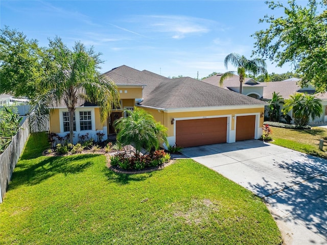 ranch-style house with an attached garage, stucco siding, driveway, and roof with shingles