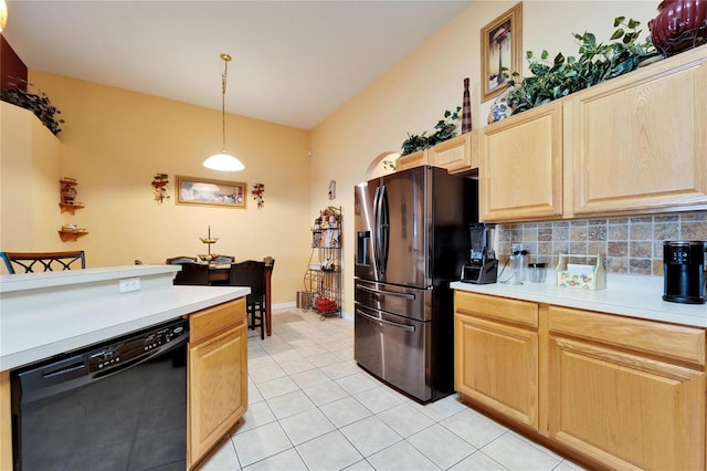 kitchen featuring dishwasher, stainless steel fridge with ice dispenser, light brown cabinets, light tile patterned floors, and light countertops