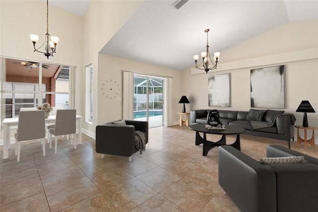 18005 Palm Breeze Dr, Tampa, FL 33647 - living area with baseboards, visible vents, ceiling fan with notable chandelier, and vaulted ceiling