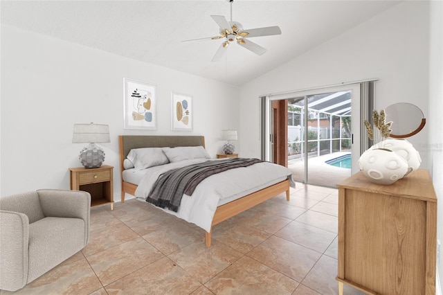18005 Palm Breeze Dr, Tampa, FL 33647 - bedroom with light tile patterned floors, access to exterior, vaulted ceiling, and ceiling fan