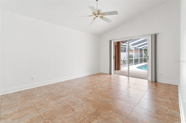 18005 Palm Breeze Dr, Tampa, FL 33647 - spare room with high vaulted ceiling, light tile patterned floors, baseboards, and ceiling fan