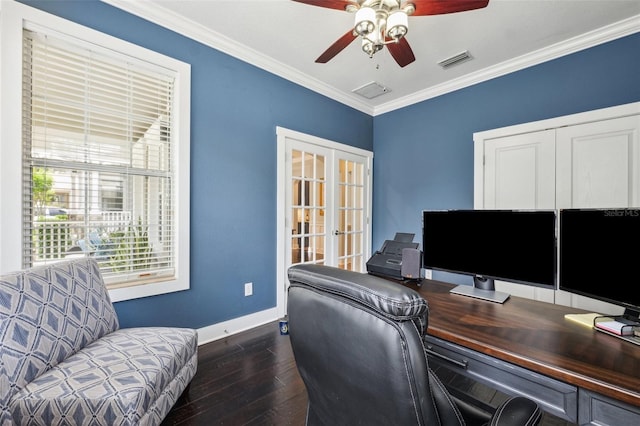 office with dark wood finished floors, visible vents, crown molding, and ceiling fan