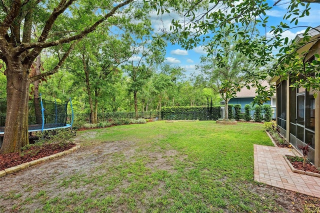 view of yard with a trampoline and a fenced backyard