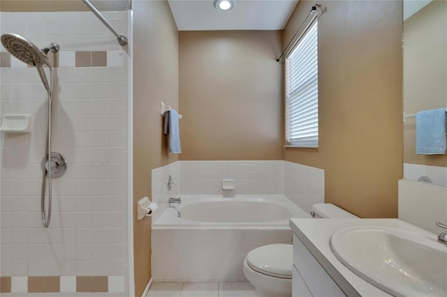 bathroom featuring a garden tub, toilet, a tile shower, tile patterned floors, and vanity
