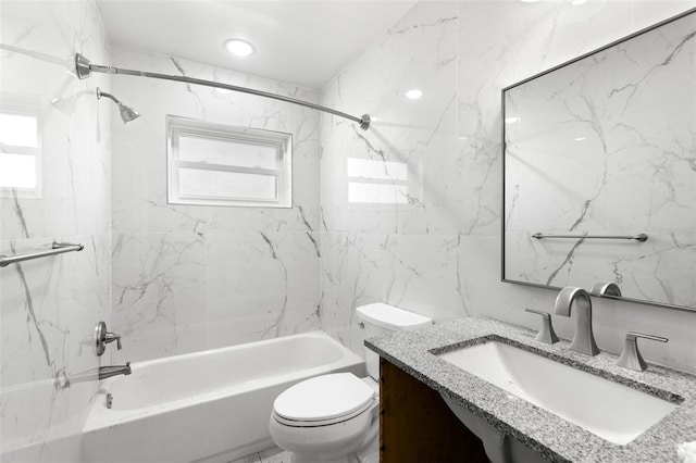 full bathroom with toilet, a healthy amount of sunlight, vanity, and shower / bathing tub combination