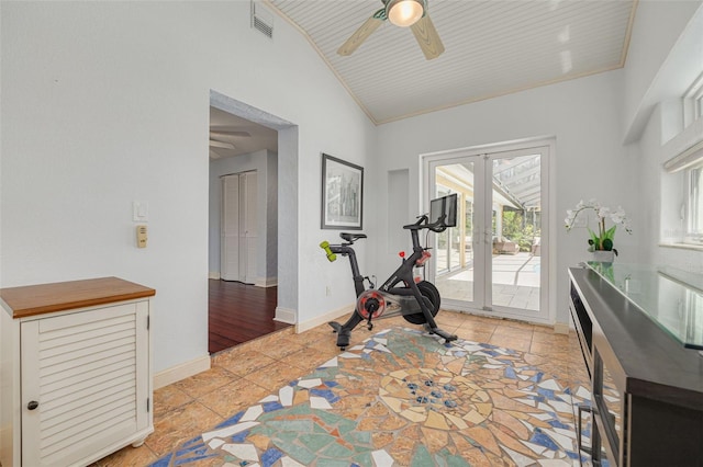 4490 38th Way S, Saint Petersburg, FL 33711 - workout area featuring visible vents, ceiling fan, a wealth of natural light, and vaulted ceiling