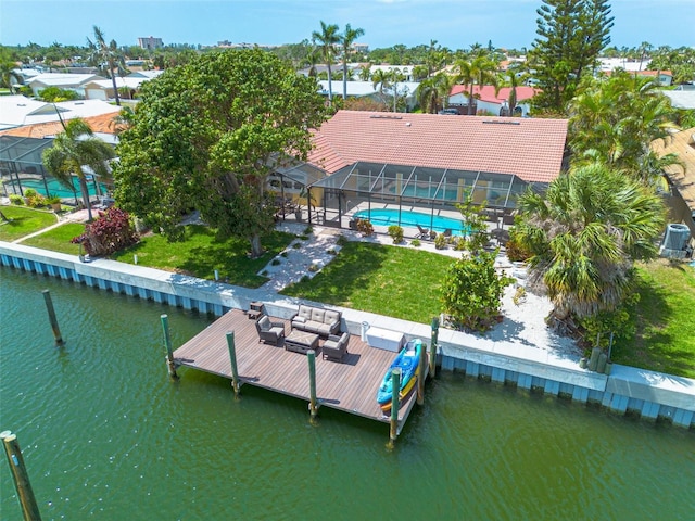 4490 38th Way S, Saint Petersburg, FL 33711 - dock area with an outdoor pool, a yard, glass enclosure, and a water view