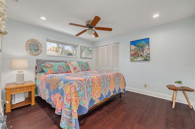 4490 38th Way S, Saint Petersburg, FL 33711 - bedroom with baseboards, recessed lighting, hardwood / wood-style flooring, and a ceiling fan