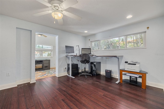 4490 38th Way S, Saint Petersburg, FL 33711 - office area featuring recessed lighting, baseboards, a ceiling fan, and wood finished floors