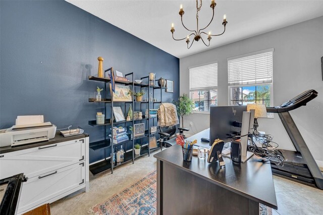 office area with a chandelier