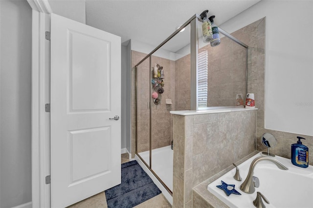 full bath with a shower stall and a bath