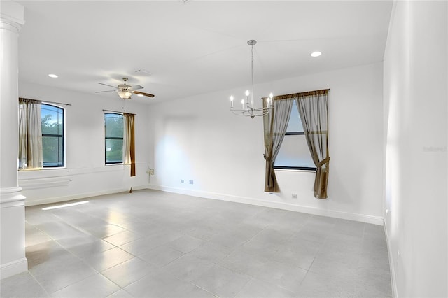 1214 Florablu Dr, Seffner, FL 33584 - tiled empty room with a chandelier, ceiling fan, recessed lighting, and decorative columns