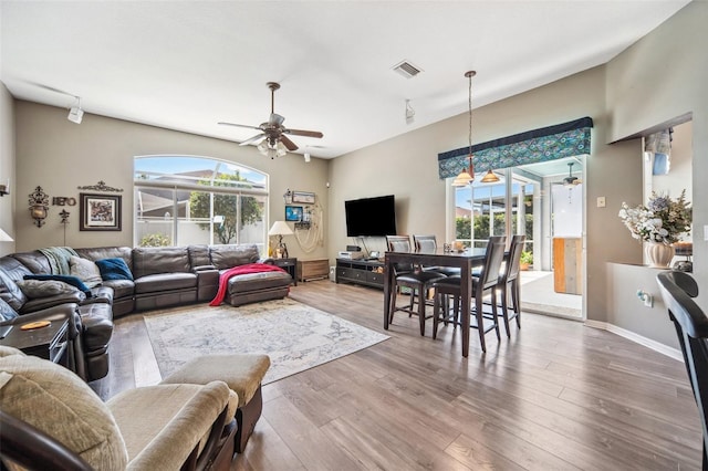 19750 Ellendale Dr, Land O Lakes, FL 34638 - living room with a ceiling fan and wood finished floors