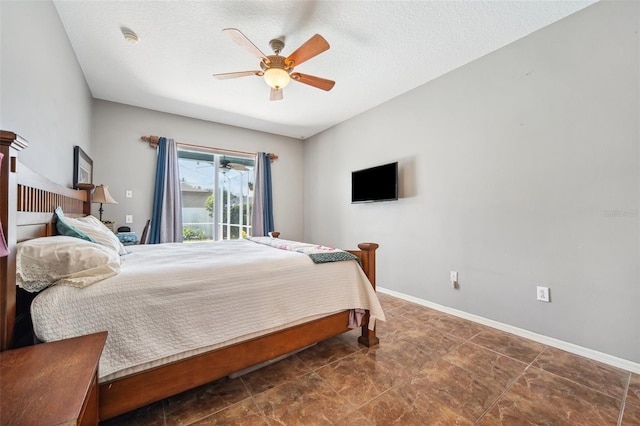 19750 Ellendale Dr, Land O Lakes, FL 34638 - bedroom featuring access to exterior, ceiling fan, and a textured ceiling