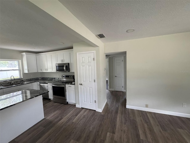 kitchen featuring visible vents, a sink, dark wood finished floors, white cabinetry, and stainless steel appliances