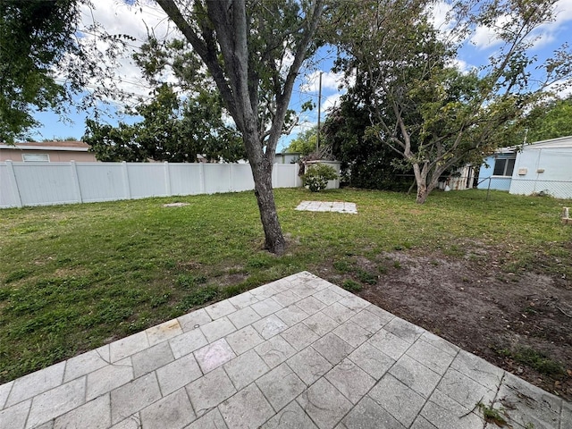 view of yard featuring a patio, a fenced backyard, an outbuilding, and a storage unit