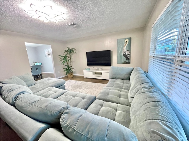 living room featuring baseboards, visible vents, wood finished floors, and a textured ceiling