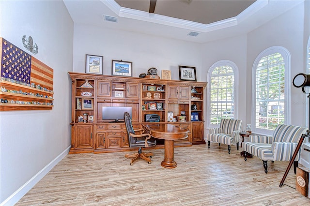 3212 Sunset Lakes Blvd, Land O Lakes, FL 34638 - office area with a tray ceiling, light wood-type flooring, ornamental molding, baseboards, and a high ceiling