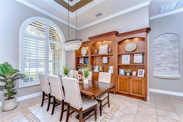 3212 Sunset Lakes Blvd, Land O Lakes, FL 34638 - dining space featuring a chandelier, baseboards, ornamental molding, and light tile patterned flooring