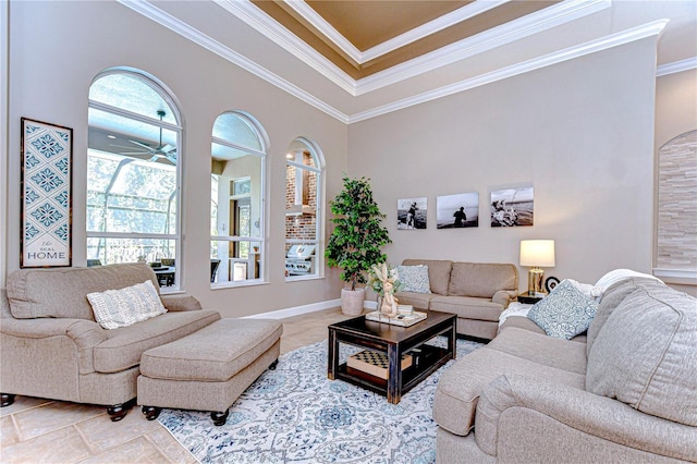 3212 Sunset Lakes Blvd, Land O Lakes, FL 34638 - living room featuring ornamental molding, ceiling fan, and light tile patterned floors