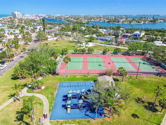 birds eye view of property featuring a water view
