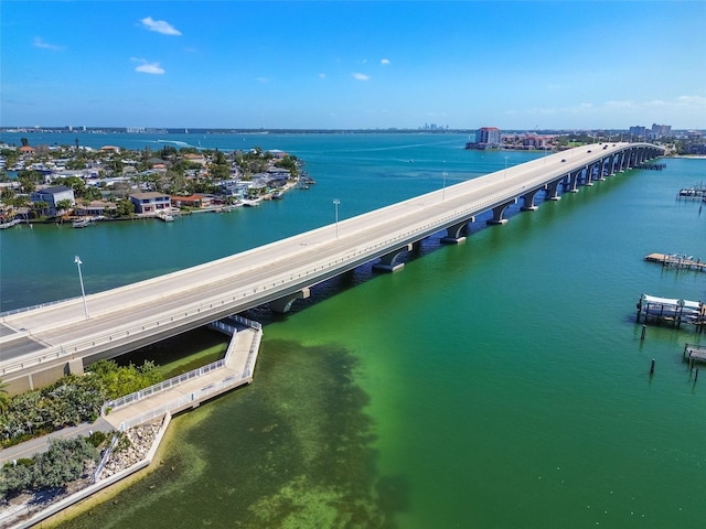 bird's eye view with a water view