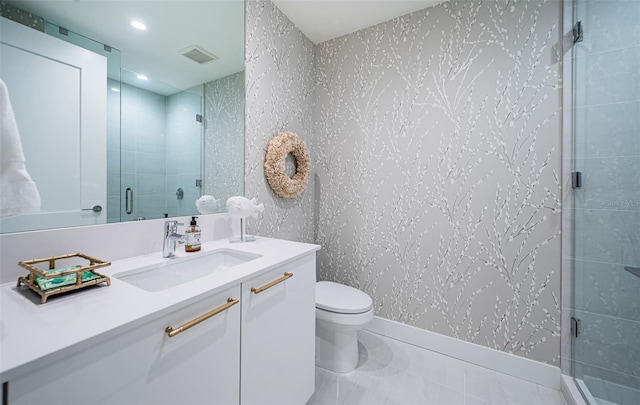 301 1st St S Unit 3004, Saint Petersburg, FL 33701 - bathroom with toilet, a stall shower, visible vents, recessed lighting, and vanity